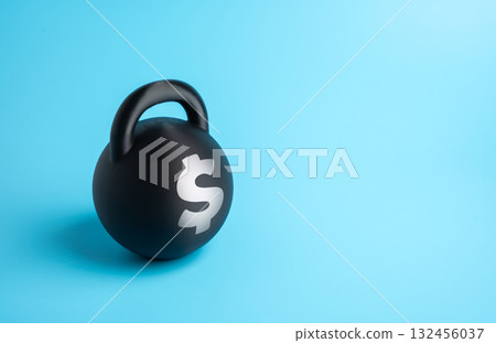 A weight with a dollar symbol. Debt burden. Financial pressure and economic instability. Credit obligations, bankruptcy risk, and loan repayment challenges in business and personal finance 132456037