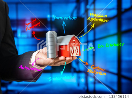 A business model for a successful farm. Innovations and technologies in agribusiness. Digital transformation in agriculture. Modern equipment, eco-efficiency, and food production growth. 132456114