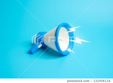 A megaphone spews lightning bolts of sound. A concept for universal notification of news and events. Communication, media influence, and advertising power in the digital information age. 132456118