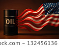 Oil barrel with flowing American flag symbolizes energy and patriotism, representing connection between oil and United States 132456136