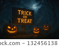 Spooky Halloween scene featuring wooden sign that reads Trick or Treat illuminated by moonlight, surrounded by carved pumpkins 132456138