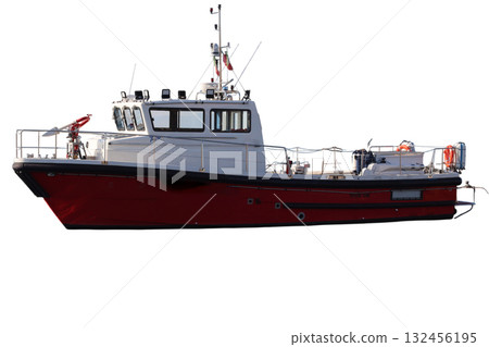 Red and white fireboat floating on white background Red and white fireboat floating on white background 132456195