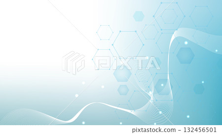 Health care or medical abstract background with hexagons, lines and dots. Scientific innovation banner template concept. Biology and pharmaceutical technology background. Vector illustration. 132456501