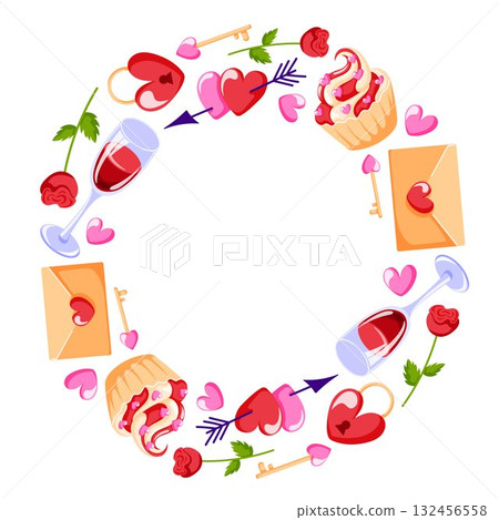 Romantic wreath with heart, rose, letter, wine glasses and cupcake arranged in a circular frame in flat style. Design for Valentines Day card and wedding invitation. 132456558