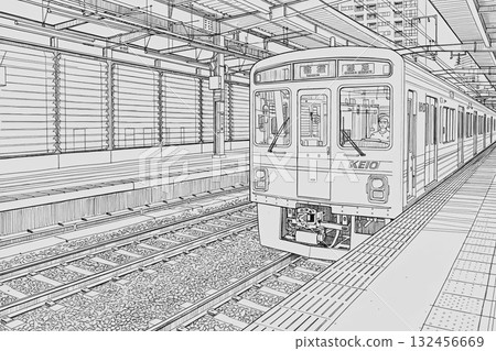 Keio Line watercolor painting pen drawing Shinjuku bound Fuchu Station Fuchu Station platform local train 132456669