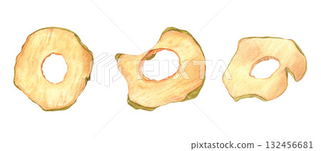 Dried apple chips set watercolor illustration on isolated background. Top view. Healthy natural organic fruit round slices clip art. Ingredient for culinary, desserts, Xmas and New Year drink decor 132456681