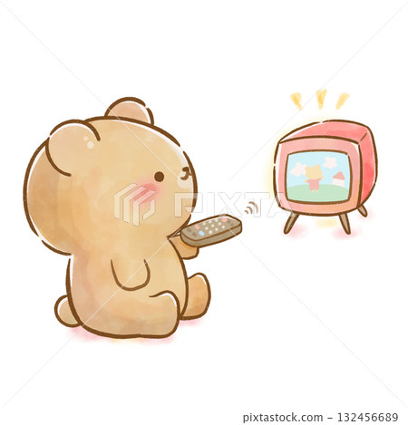 一隻熊用遙控器打開電視的水彩插圖 132456689