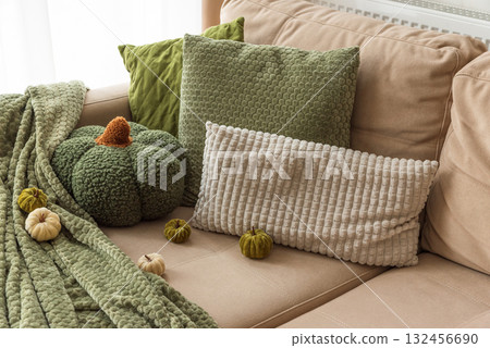 Autumn Living Room with Fabric Pumpkins, Cushions, and Cozy Textiles Autumn Living Room with Fabric Pumpkins, Cushions, and Cozy Textiles 132456690