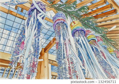 彩色千紙鶴、水彩和鋼筆畫、禦靈節、七夕、靖國神社 132456711