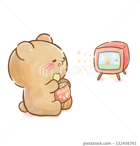 水彩插畫,描繪了一隻嗜糖如命、又愛看電視的熊一邊吃薯片一邊看電視。 水彩插畫,描繪了一隻嗜糖如命、又愛看電視的熊一邊吃薯片一邊看電視。 132456761