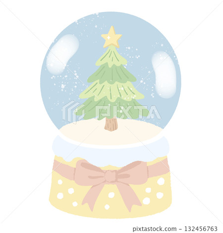 Pastel Christmas Tree Snow Globe Illustration Kawaii Coquette Holiday Clipart Green Tree with Star and Bow Cute Winter Decor Art for Christmas Cards and Invitations 132456763