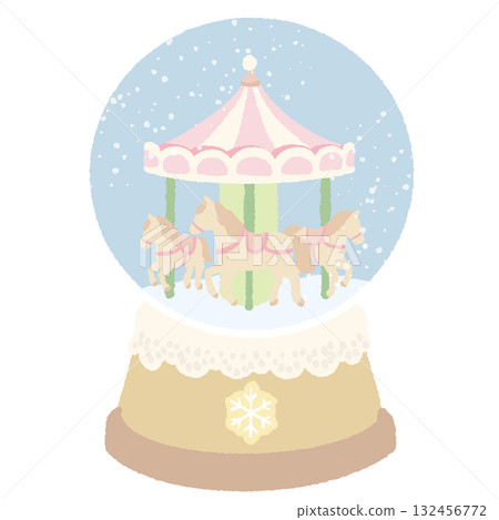 Pastel Carousel Snow Globe Illustration Kawaii Christmas Winter Clipart Vintage Coquette Pink Beige Hand Drawn Snow Globe with Horses for Holiday Cards Invitations and Decor 132456772