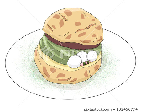 Illustration of a matcha cream puff on a plate (Matcha Sweets 9) Illustration of a matcha cream puff on a plate (Matcha Sweets 9) 132456774