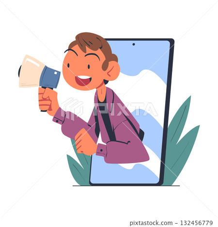 Man with Megaphone Look Out from Smartphone Screen Vector Illustration Man with Megaphone Look Out from Smartphone Screen Vector Illustration 132456779