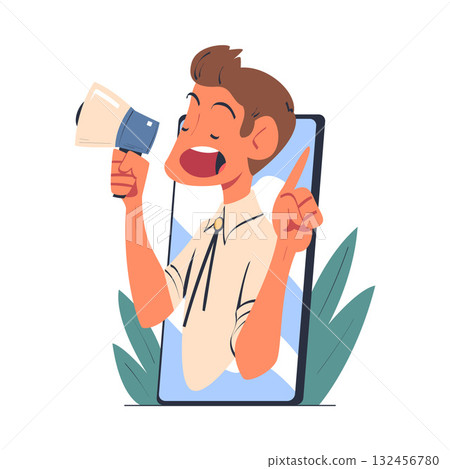 Man with Megaphone Look Out from Smartphone Screen Vector Illustration Man with Megaphone Look Out from Smartphone Screen Vector Illustration 132456780