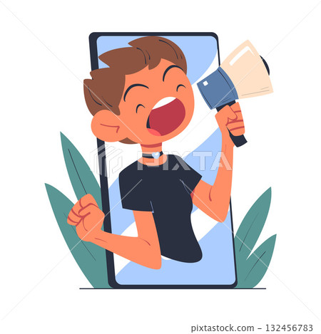 Man with Megaphone Look Out from Smartphone Screen Vector Illustration 132456783