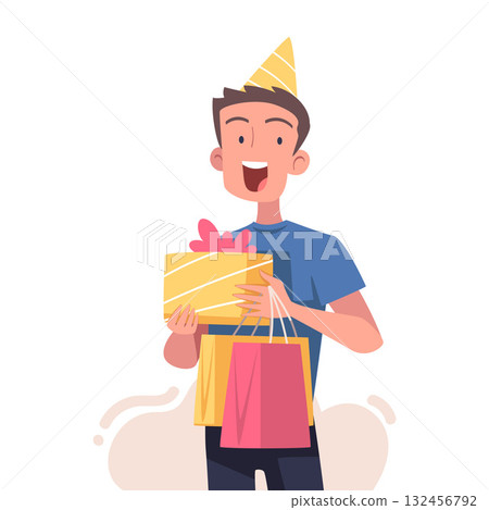 Man with Gift Box Wrapped with Ribbon Vector Illustration Man with Gift Box Wrapped with Ribbon Vector Illustration 132456792