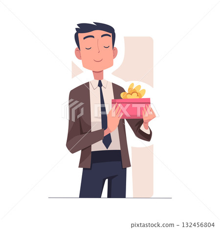 Man with Gift Box Wrapped with Ribbon Vector Illustration Man with Gift Box Wrapped with Ribbon Vector Illustration 132456804