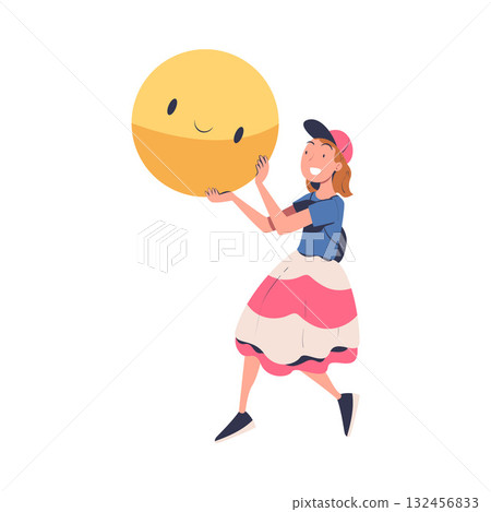 Woman Character Holding Big Smile Badge Vector Illustration Woman Character Holding Big Smile Badge Vector Illustration 132456833
