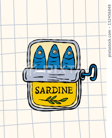 Sardines in tin can whimsical poster sketch seafood illustration with retro kitchen style and graphic design 132456849