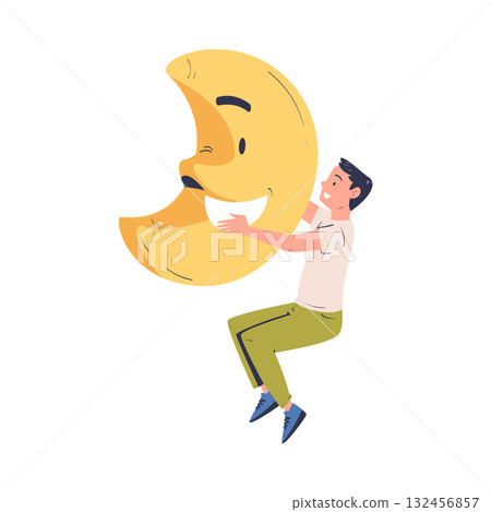 Man Character Holding Big Crescent Badge Vector Illustration Man Character Holding Big Crescent Badge Vector Illustration 132456857
