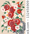 Vector Illustration of a Flowering and Fruiting Pomegranate Tree in Traditional Korean Minhwa Style 132456909