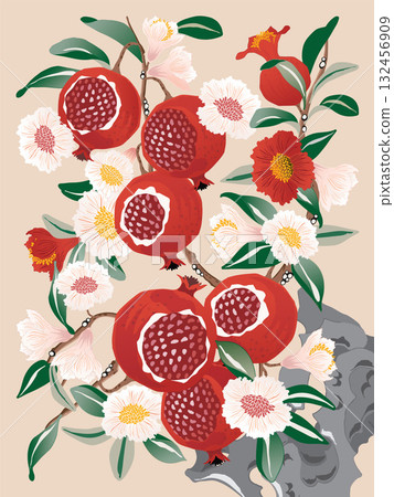 Vector Illustration of a Flowering and Fruiting Pomegranate Tree in Traditional Korean Minhwa Style Vector Illustration of a Flowering and Fruiting Pomegranate Tree in Traditional Korean Minhwa Style 132456909