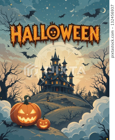 Cartoon-style Halloween scene with haunted house, pumpkins, bats, and full moon Cartoon-style Halloween scene with haunted house, pumpkins, bats, and full moon 132456937