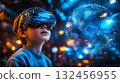 A boy wearing VR glasses interacts with a holographic globe. Generative Ai. 132456955