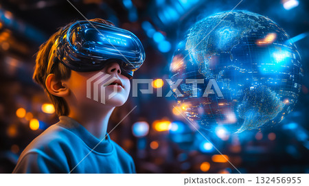 A boy wearing VR glasses interacts with a holographic globe. Generative Ai. 132456955