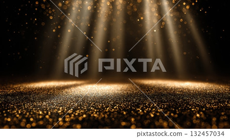 Luxurious golden stage lights shining through glittering particles on a dark background 132457034