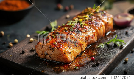 Juicy grilled chicken fillet with herbs and spices on a rustic cutting board 132457035
