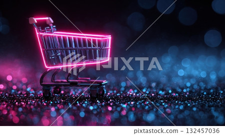 Neon shopping cart glowing in pink and blue lights on a futuristic glitter background Neon shopping cart glowing in pink and blue lights on a futuristic glitter background 132457036