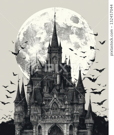 A gothic castle under a full moon surrounded by flying bats in a dark night sky 132457044