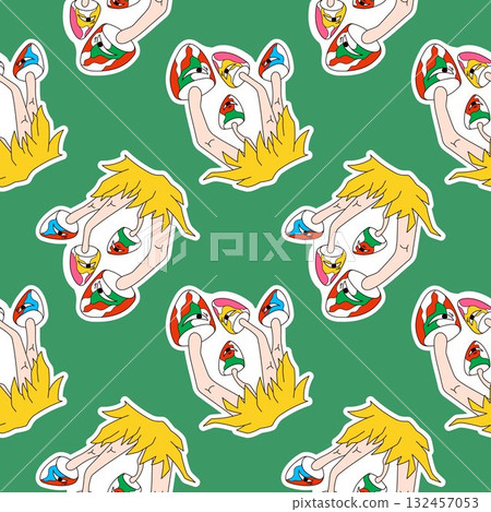 Seamless pattern with psychedelic mushroom on a green background in surreal and abstract groovy cartoon style. Seamless pattern with psychedelic mushroom on a green background in surreal and abstract groovy cartoon style. 132457053