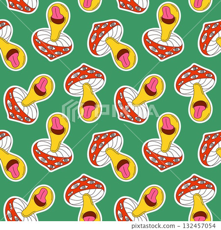Seamless pattern of colorful psychedelic mushroom with eyes and protruding tongue on a green background in groovy cartoon style. 132457054