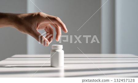 Gentle Hand Reaches for Small White Medicine Bottle Under Soft Natural Light 132457128