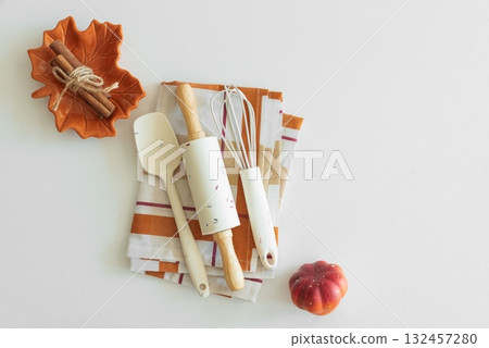Autumn Kitchen Flat Lay with Baking Tools and Seasonal Decor 132457280