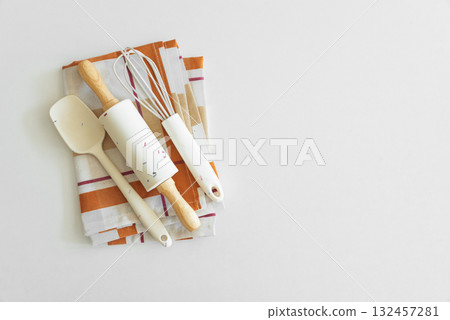 Autumn Kitchen Flat Lay with Baking Tools and Seasonal Decor 132457281