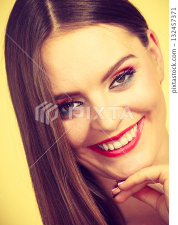 Woman charming girl long hair looking at camera Woman charming girl long hair looking at camera 132457371
