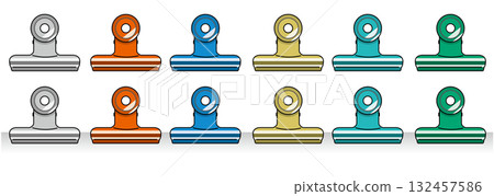 Illustration of eyeball clips in red, silver, blue, gold, green, and dark green (stationery, color variations, office supplies) 132457586