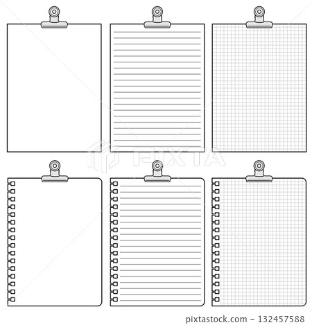 Illustration of a college notebook held in place with an eyeball clip (plain, lined, squared, rounded corners, loose-leaf style - 6 types in total) 132457588