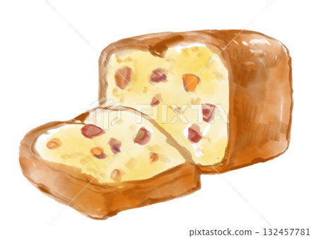 手繪水彩插圖,描繪了新鮮出爐、看起來美味的水果磅蛋糕 手繪水彩插圖,描繪了新鮮出爐、看起來美味的水果磅蛋糕 132457781