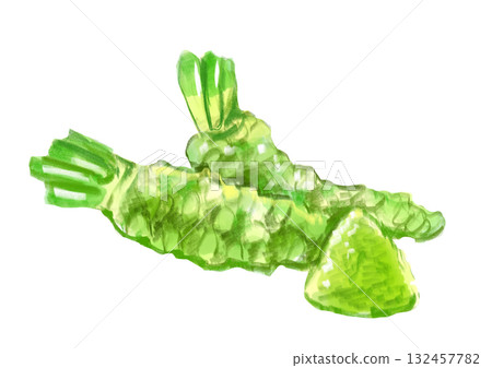 手繪水彩插圖,描繪了新鮮採摘的美味芥末和磨碎的芥末 手繪水彩插圖,描繪了新鮮採摘的美味芥末和磨碎的芥末 132457782