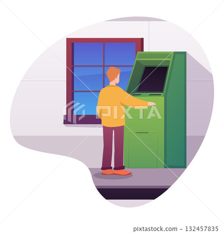 Man on the street uses ATM bank cash machine, automated teller machine, vector green payment terminal finance service 132457835
