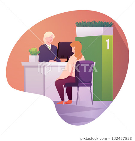 Isolated illustration of a bank interior with a teller and a customer. Isolated illustration of a bank interior with a teller and a customer. 132457838