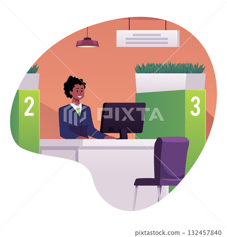 Bank office, reception and customer service desk, counter, vector woman manager consulting workplace, bank staff desk Bank office, reception and customer service desk, counter, vector woman manager consulting workplace, bank staff desk 132457840