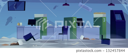 The interior of an abandoned and run-down bank office: cobwebs, dirt, broken monitors. 132457844