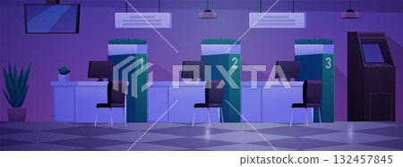 Bank office dark interior with ATM automated teller machine, scoreboard, vector flat reception and customer service desk 132457845