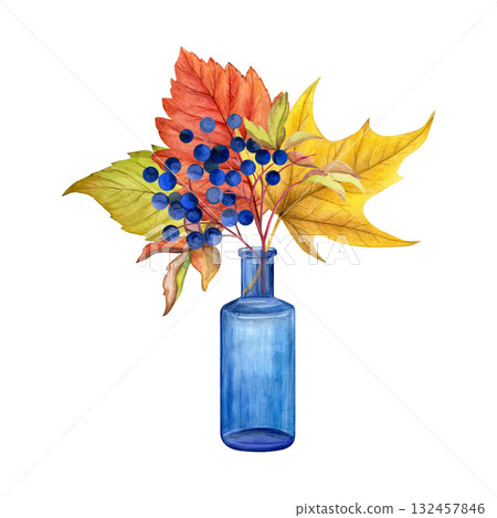Herbarium composition in a blue bottle. Watercolor of colorful autumn leaves and wild grape in a glass bottle isolated on white background. Good for postcards, invitations, greeting cards. 132457846